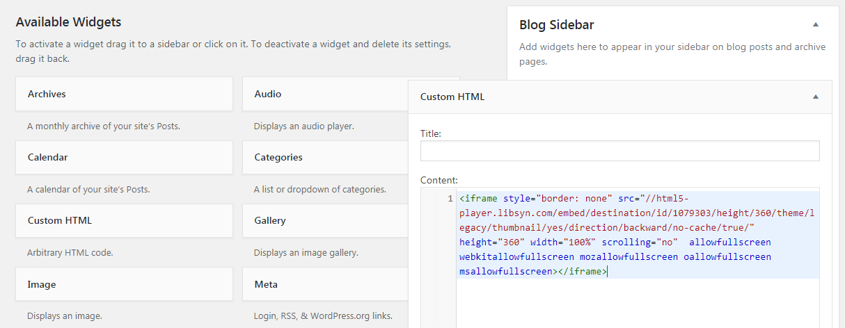 Adding a Libsyn embed code to WordPress.
