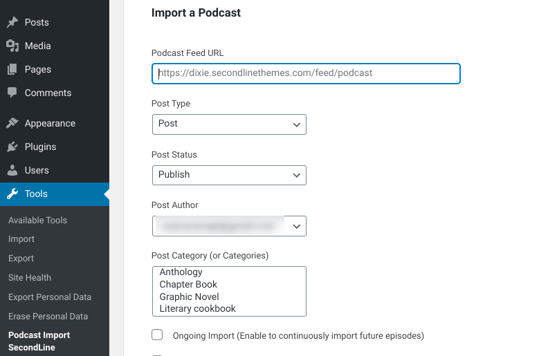 The 'Import a Podcast' screen on the Podcast Importer WordPress plugin.