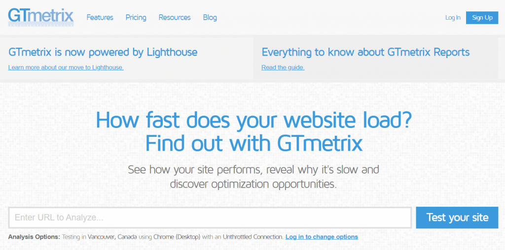 The GTmetrix homepage.