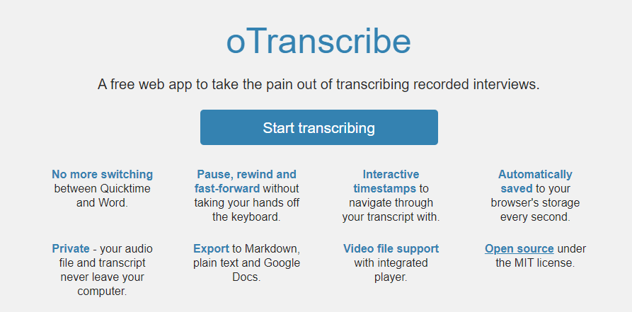 Screenshot of oTranscribe.