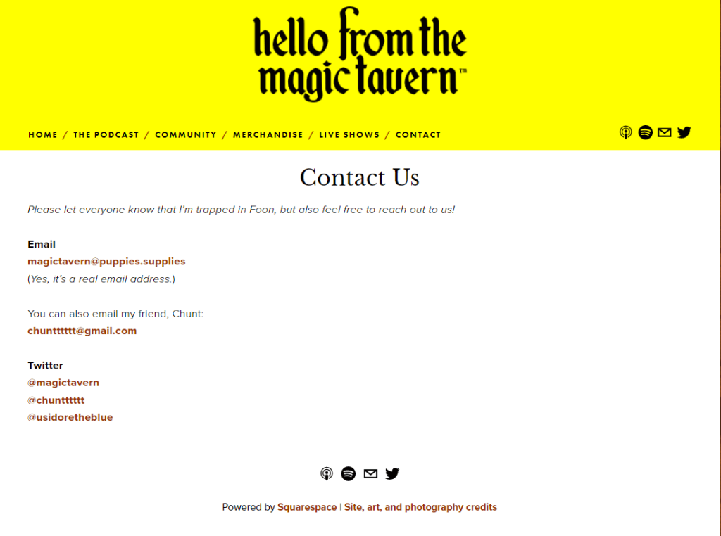 An example of a themed contact page from Hello From the Magic Tavern.